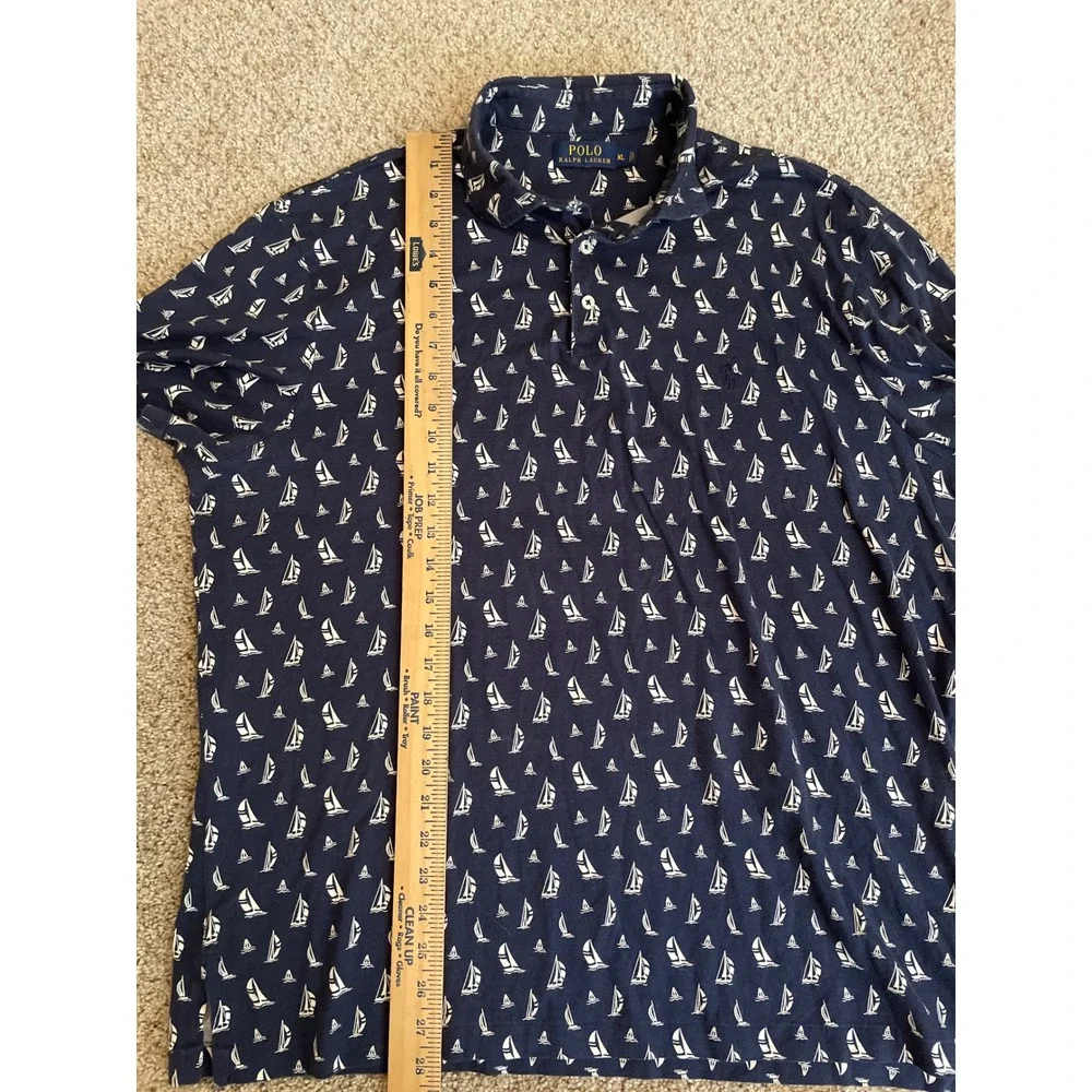 Polo Ralph Lauren Men's Polo Shirt XL Navy Blue Sailboat AOP Print Short Sleeve